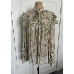 HEMANT & NANDITA Rika Blouse in Green/Purple Long Sleeve Button Up Sheer Sz XS
